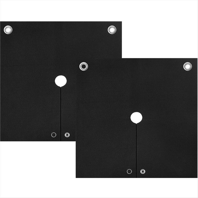 manta de soldadura ignífuga almohadilla de soldadura de una sola muesca almohadilla de aislamiento térmico retardante de llama negro, dos piezas cuadradas frontales con abertura de muesca y ranura vertical; fieltro de carbono 3–4 mm con textura mate, ojales metálicos en esquinas, botones a presión y anillos superiores para colgar, diseñada para proteger contra chispas y aislar térmicamente tuberías durante soldadura.