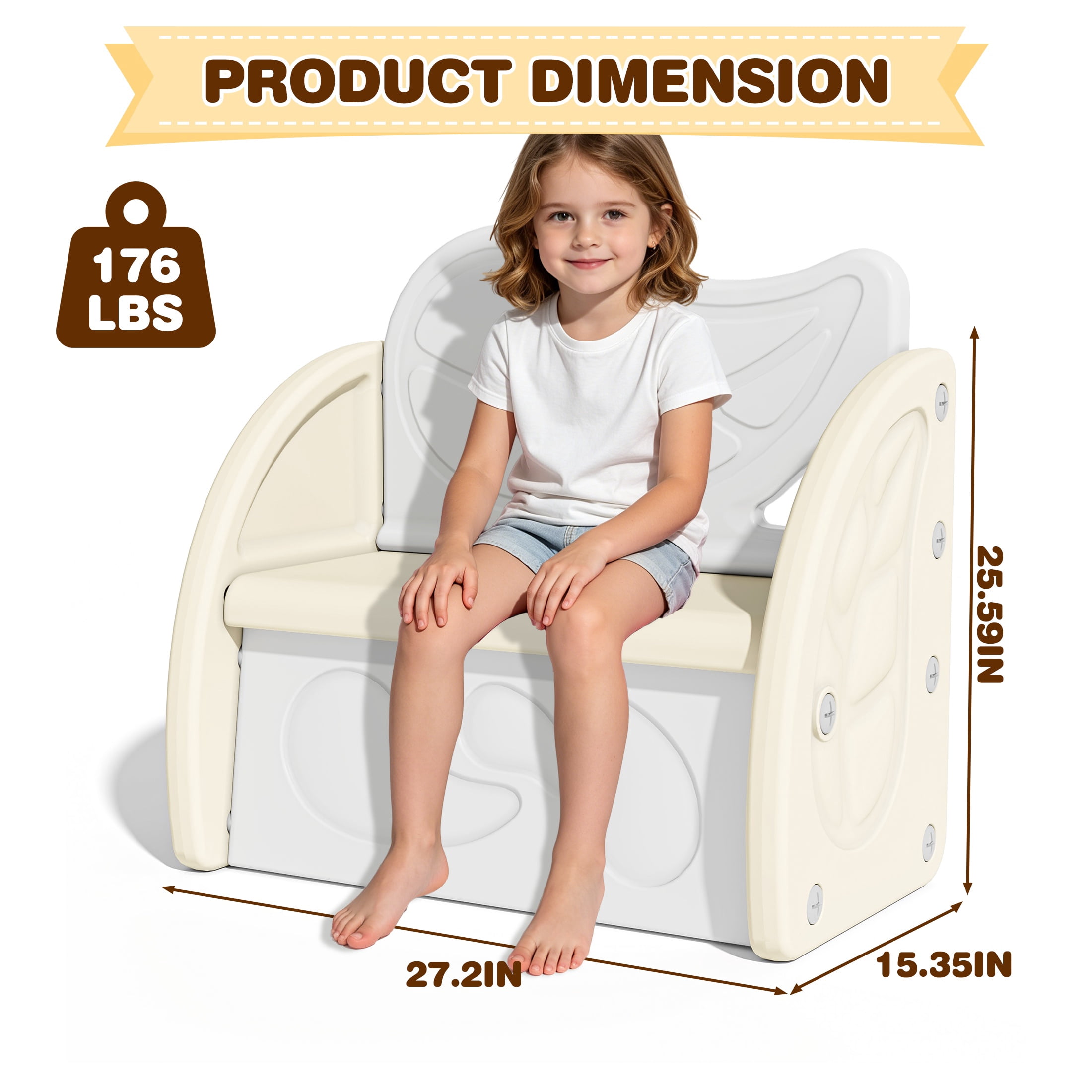 PORKISS Kids Toy Box for Boys Girls, Plastic Toy Storage Organizer with Storage Bench and Leaf Backrest, Compact Toy Chest for Playroom, Bedroom, Living Room, Support up to 176 lbs, Beige/Light Grey