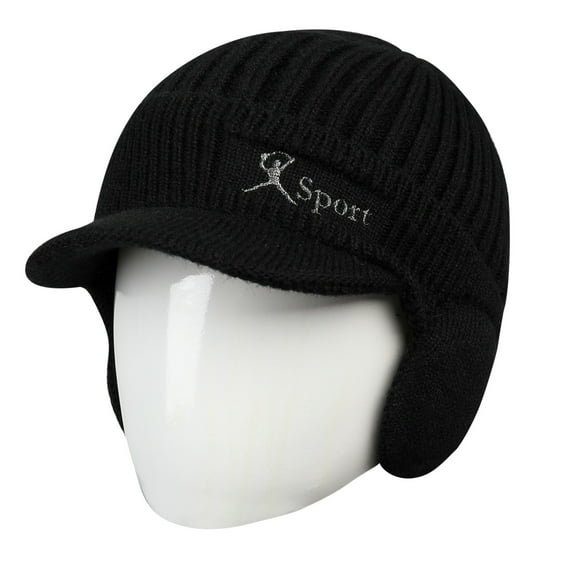 Men's Winter Hat Earflaps Knit Baseball Brim Ski Warm Lined