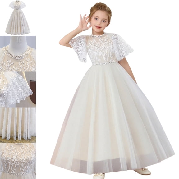 Bmisegm Dress for Girls Flutter Sleeve Capelet Embroidered Bodice High Waist Long Tutu Skirt Formal Occasion Kids Dress 11-12 Years