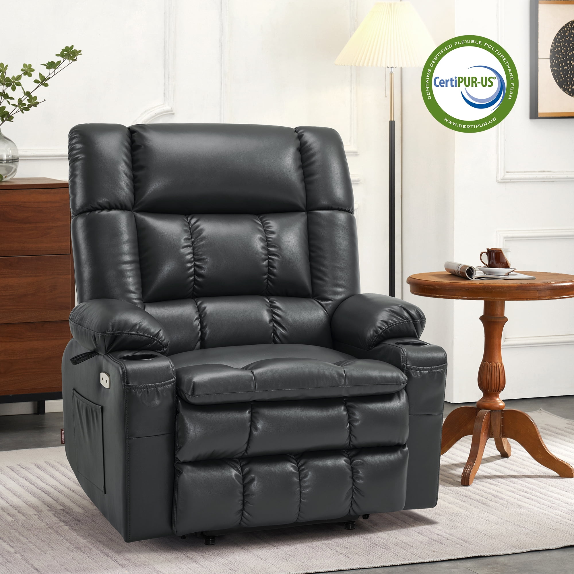 MCombo Large Dual Motor Power Lift Recliner Chair Sofa with Massage and Heat for Big Elderly People, Infinite Position, USB Ports, Faux Leather R7891 (Black, Large-Wide)