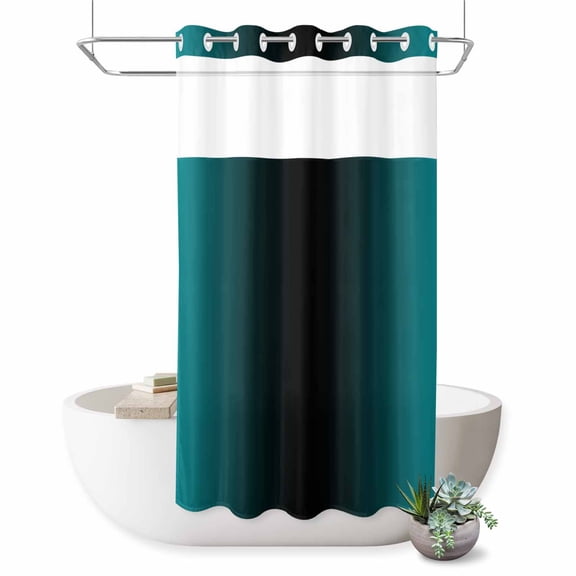 No Hook Shower Curtain, Teal Black Ombre Shower Curtains for Bathroom with See Through Top Window, Gradient Contemporary Abstract Art Waterproof & Washable Bath Curtain Narrow 54"x78"