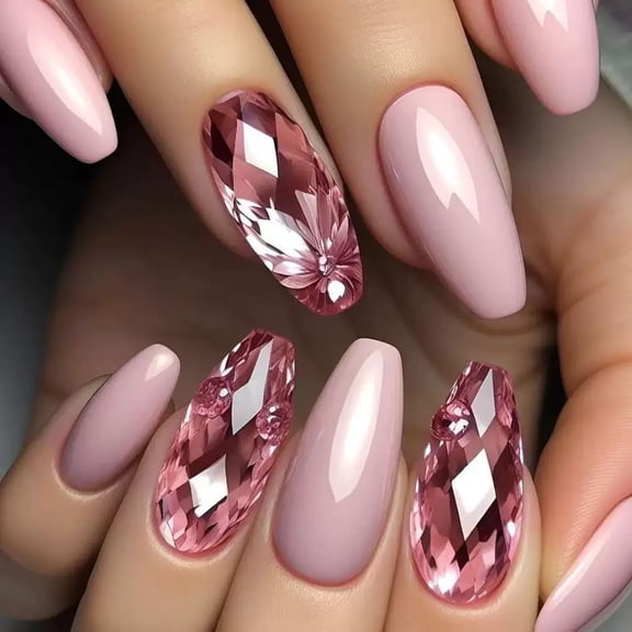 YTTAL (Buy 2 Get 1 Free)3D Pink Gem Press On Nails - Almond Fake Nails, 24PCS Reusable Acrylic False Nails with Jelly Glue, Glossy Finish Salon Quality Manicure Set for Women Daily Wear & Party