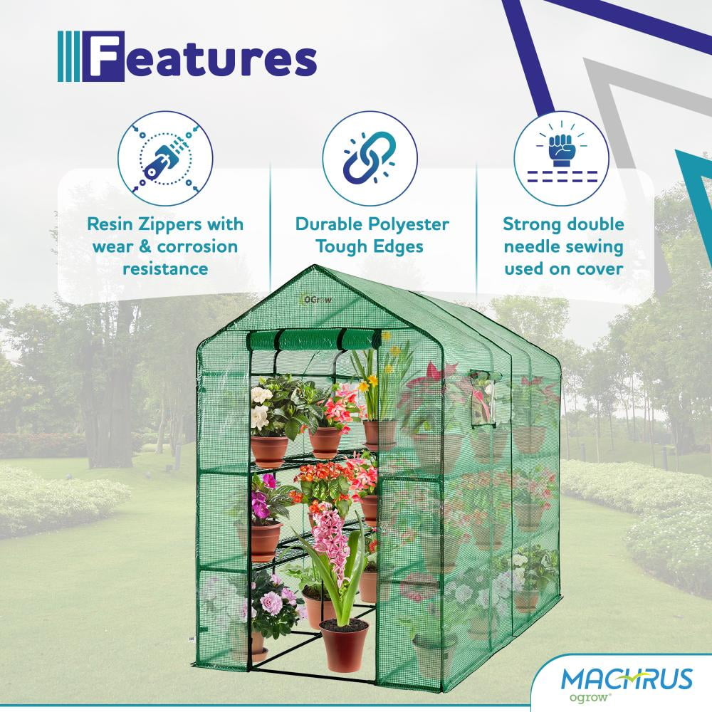 Machrus Ogrow Deluxe Walk-In Greenhouse for Outdoors with 2 Tiers & 8 Shelves – Durable Indoor Greenhouse with Green Cover for Mini Greenhouses and Garden Use
