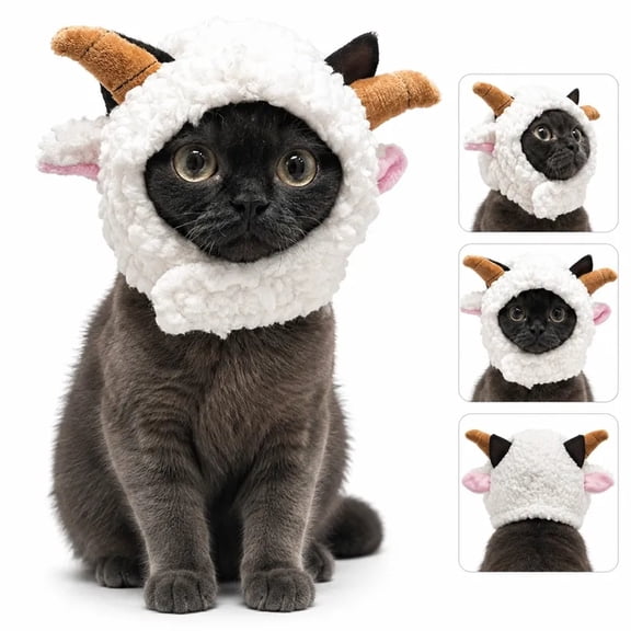 Lamb Hat for Cats and Small Dogs, Fluffy Pet Costume Headwear with Horns, Cute Halloween Cosplay Hat for Kitten Puppy Photo Props