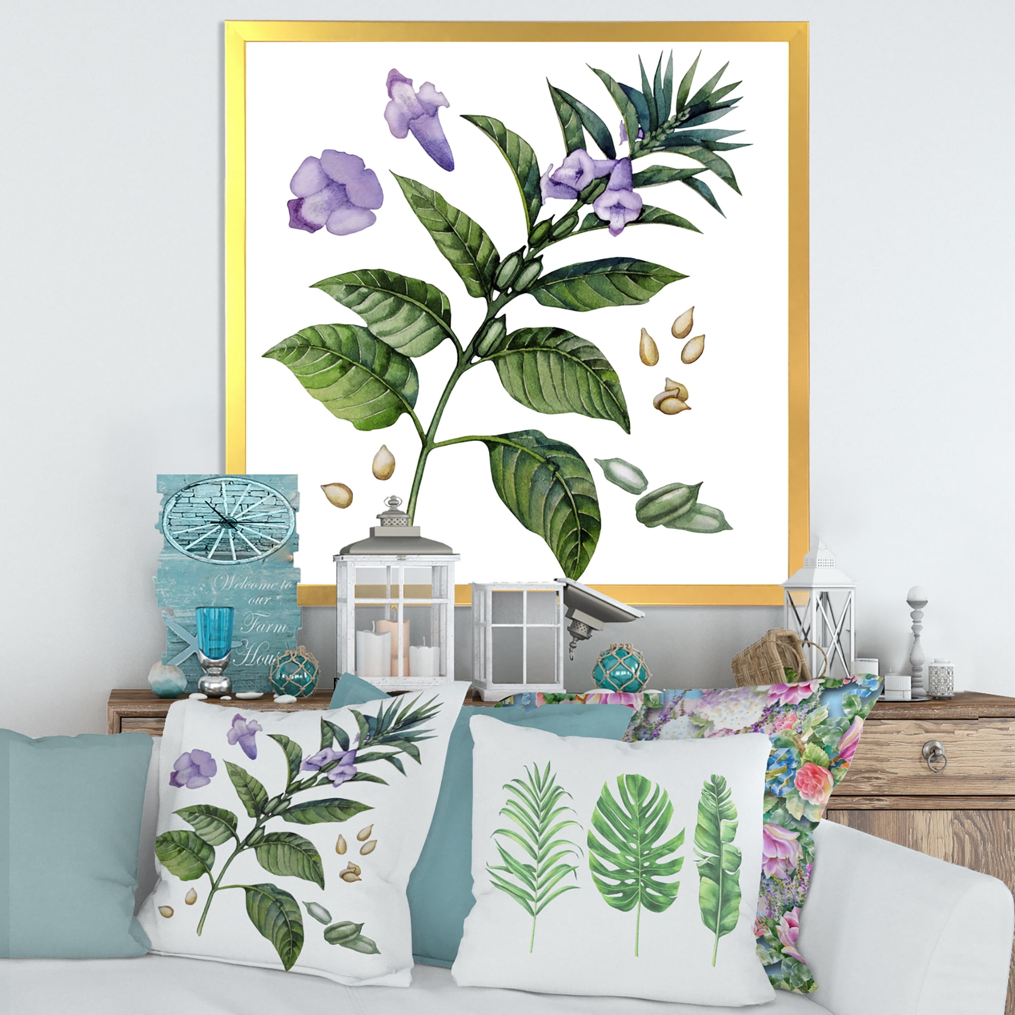 Designart 'Purple Sesame Flowers WIth Green Leaves On White' Traditional Framed Art Print