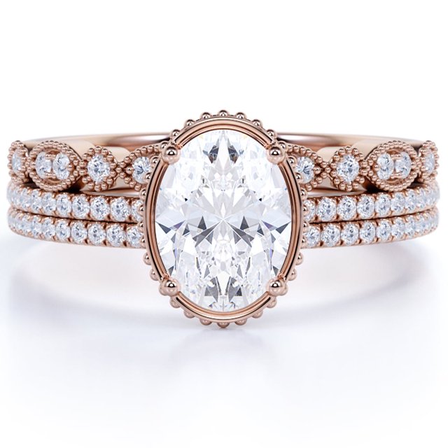 JeenMata Anillo de Bodas de Trío de Moissanita de Corte Ovalado de 1,5 Quilates Hecho a Mano Engastado en Oro Rosa de 18 K sobre Plata, Anillo Único
