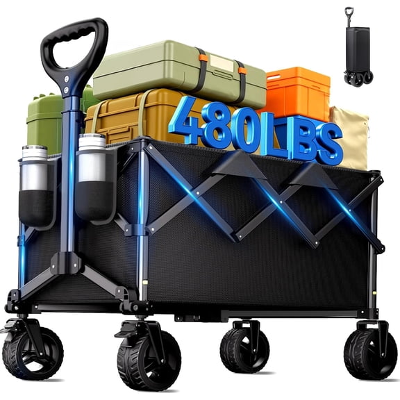 Heavy Duty 480lbs Folding Wagon Cart with All-Terrain Wheels & Side Pockets – Portable Outdoor Utility Cart for Camping, Beach, Garden & Shopping with Telescoping Handle,多色