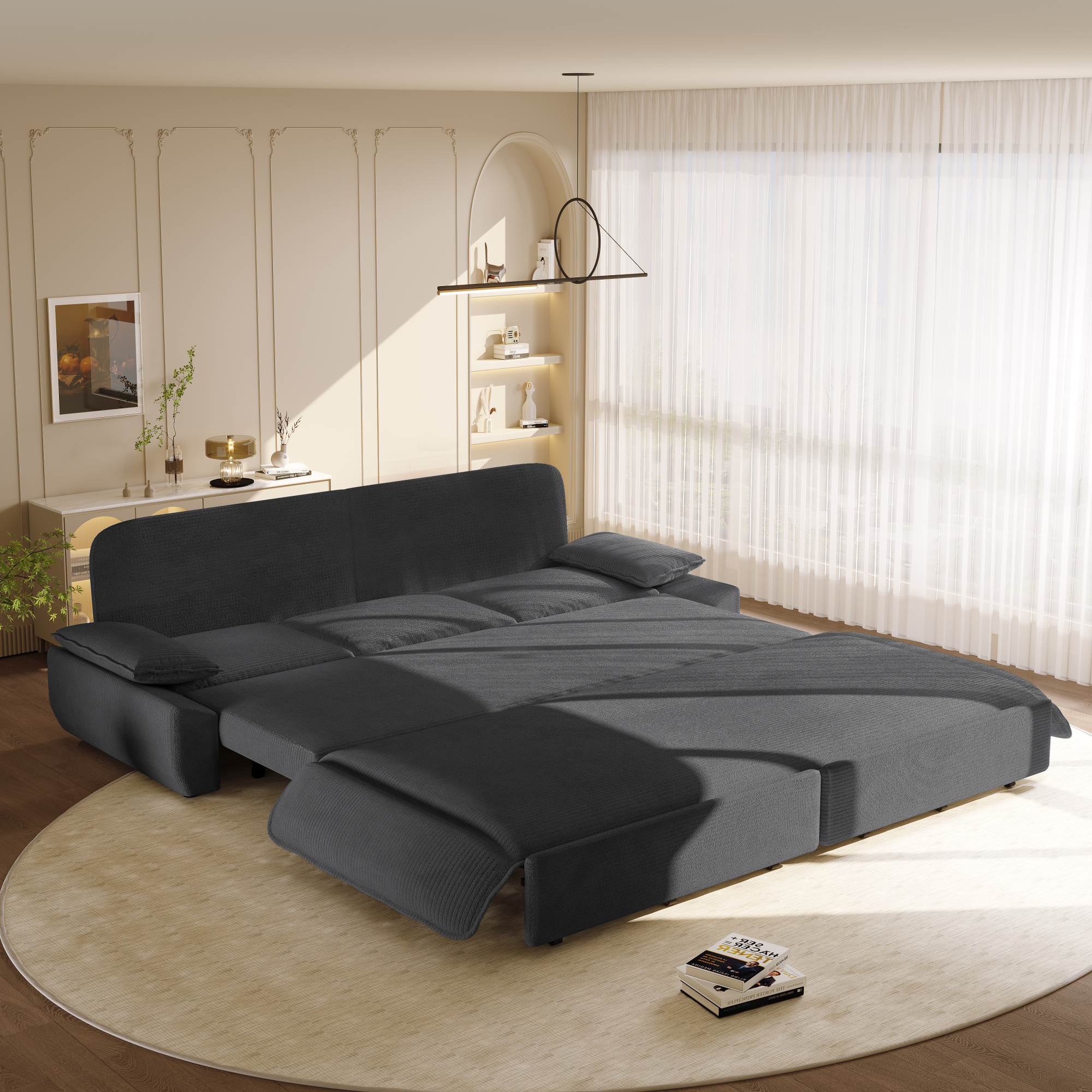 Leumius 94.5" Pull Out Sofa, King Size 3-in-1 Convertible Sleeper Sofa Bed, Multi-Functional Corduroy Bed for Living Room Bedroom Grey