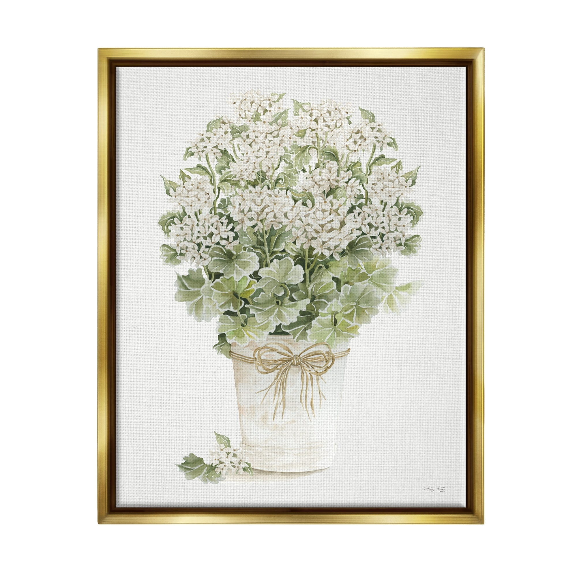 Stupell Industries Round Flower Bouquet Small White Dainty Petals Painting Metallic Gold Floating Framed Canvas Print Wall Art, Design by Cindy Jacobs
