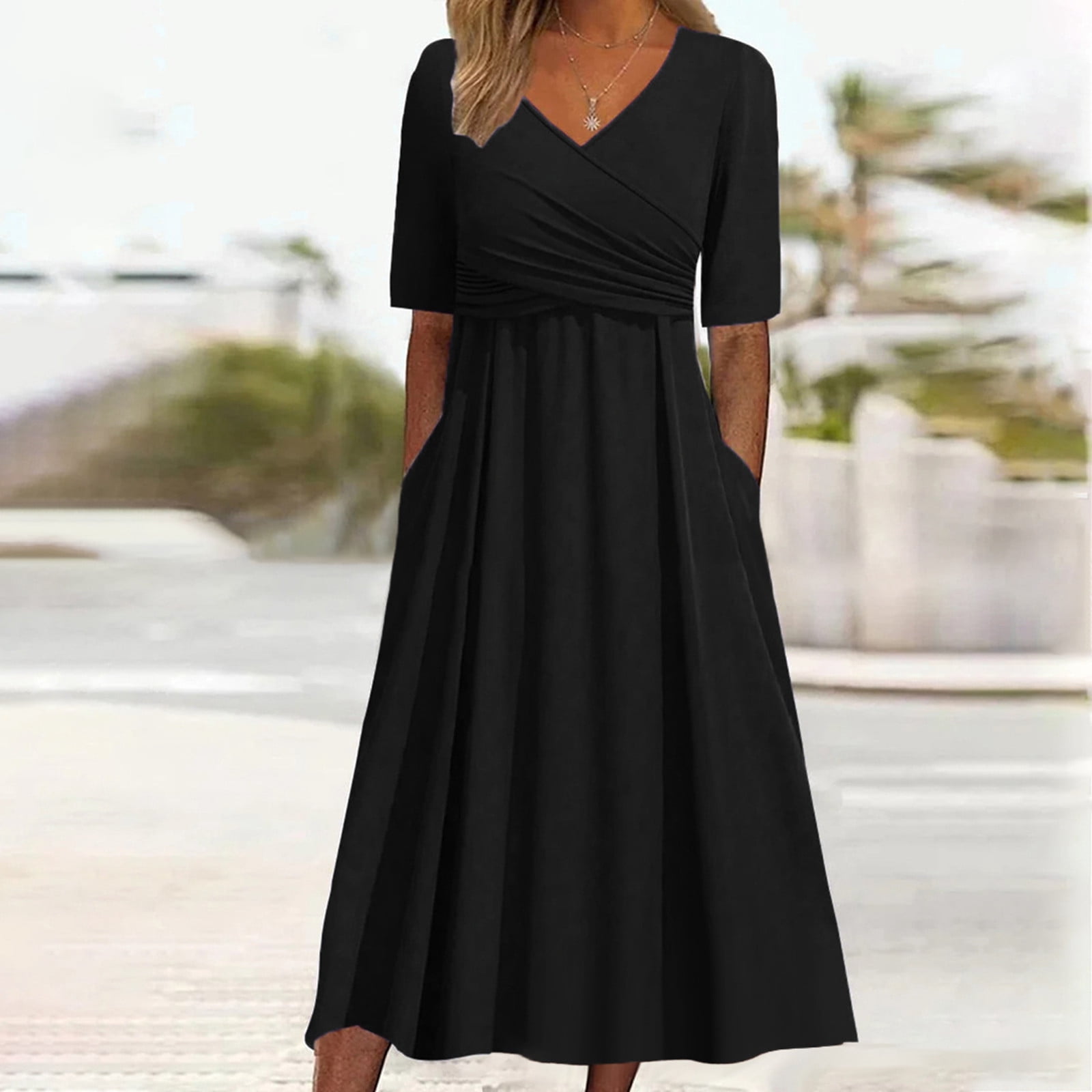 Jamsmile Womens Dress Summer Casual Short Sleeve V Neck Pleated Solid Color Loose Vintage Dresses Beach Long Vacation Sundress