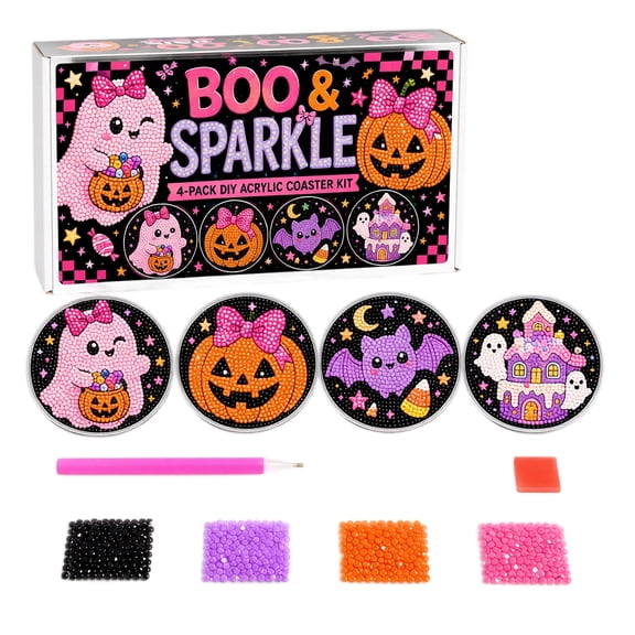 4 Pack, Halloween Diamond Art Kits for Adults 4 Inch Halloween Crafts, Diy Pearl Diamond Painting Coaster Set for Fall Halloween Home Decor, Spooky Ghost Pumpkin Design