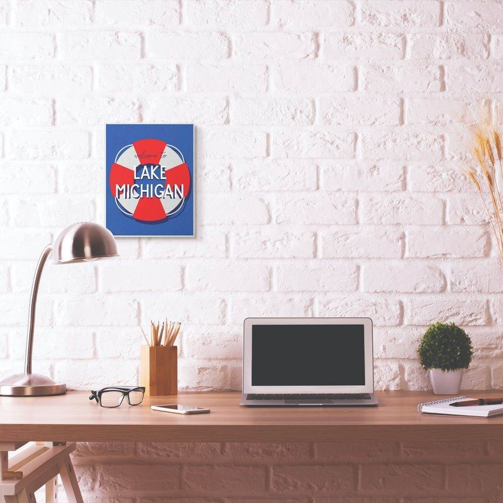 Stupell Industries Lake Michigan Beach Coast Ocean Blue Red Word Design Wall Plaque Art by Daphne Polselli