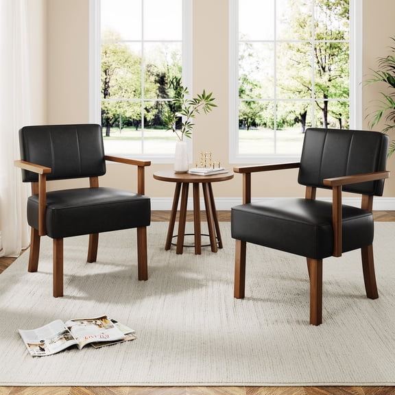 COZONY Mid-Century Modern Dining Chair, PU Leather Armchair with Vertical Stripe and Wooden Frame, Wide Padded Seat for Living Room, Dining,Black
