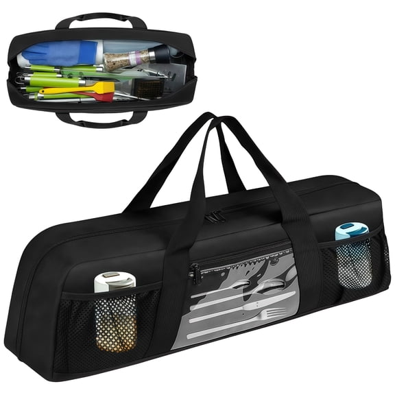 Outdoor Grill Tool Storage Bag, 21.6x7.1x6.3" Large Barbecue Utensil Organizer Tote, Heavy Duty Grill Accessory Storage Caddy with Front Pockets & Handles, Ideal for Camping, Grilling