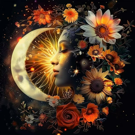 Sun and Moon Diamond Painting Kits for Adults,Flower 5D Diamond Art Kits for Beginners Full Drill Diamond Gem Art for Home Decor 8x12 Inch