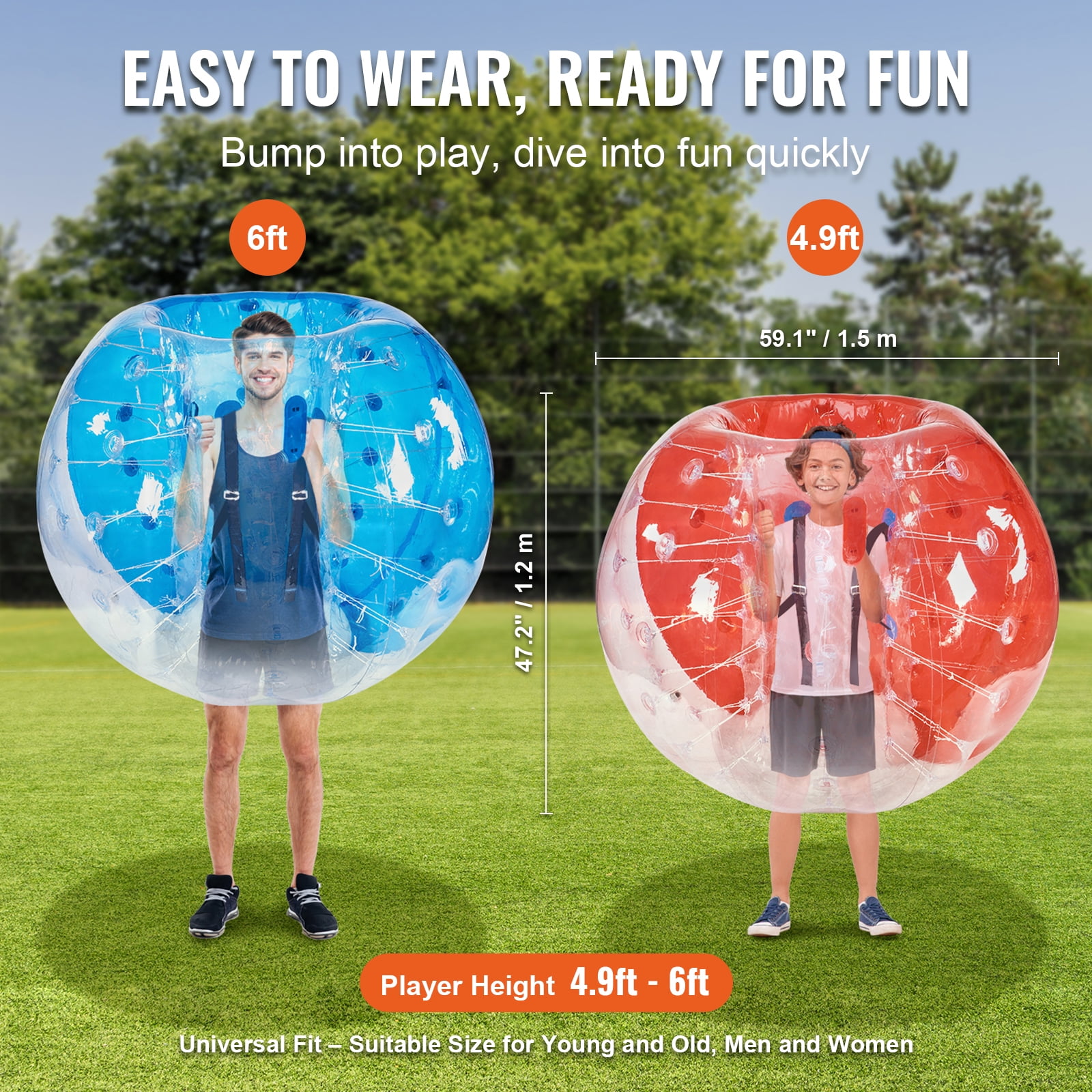 KFFKFF 2-Set Inflatable Collision Spheres, 5FT/1.5M Body-Sized Zorb Spheres for Adolescents & Adults, 0.8mm Durable PVC Human-Sized Hamster Spheres for Outdoor Group Fun