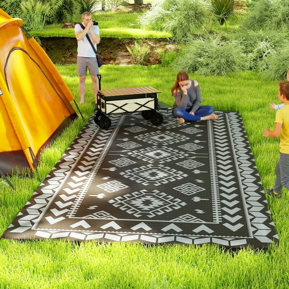 Outsunny Outdoor Patio Rug, Large Camping Carpet with Carrying Bag, 9' x 18' Waterproof Plastic Straw, Reversible, Black & Gray Rhombus Patchwork