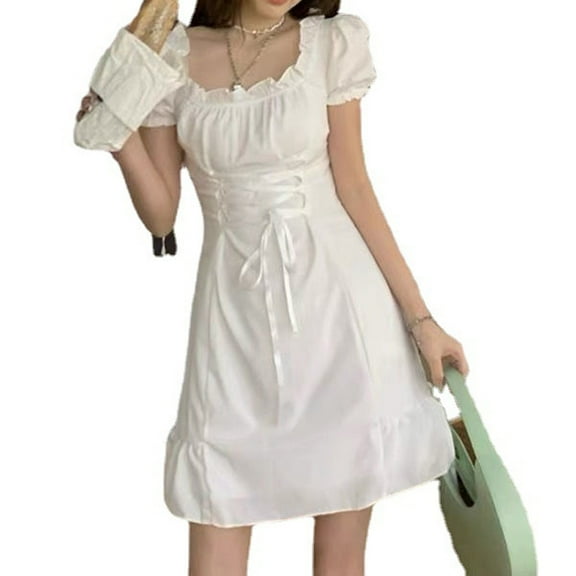 Women's Short Puff Sleeve Ruffle Skater Mini Dress Tie Back Shirred A Line Dresses