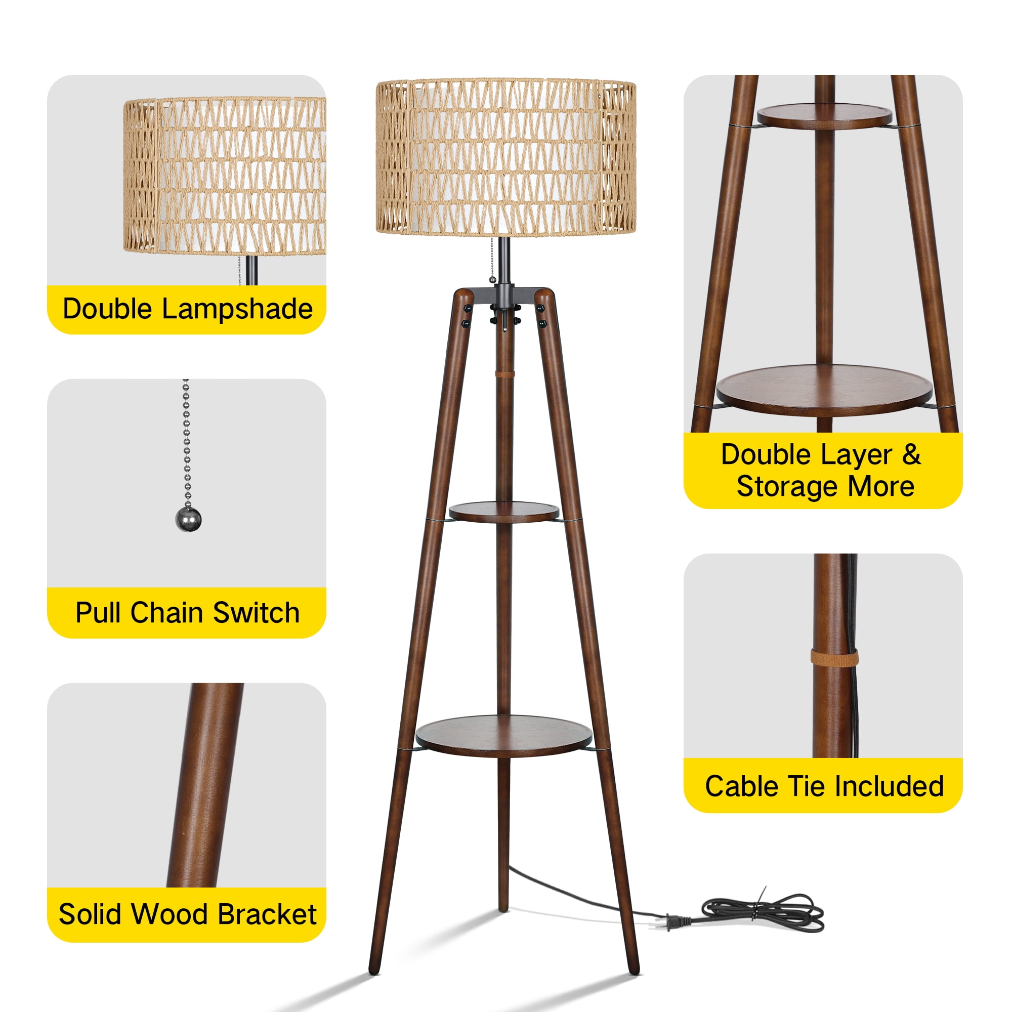 OUTON Boho Rattan Tripod Floor Lamp with Shelves, Dimmable Standing Lamp with Remote Control,Wood Tall Floor Lamps for Living Room Bedroom Office Farmhouse (Bulb Included)