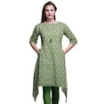 thumbnail image 1 of Bimba Green Ogee Ikat Women Kurtas Ethnic Printed Asymmetric Summer Wear Tops For Women Small, 1 of 6