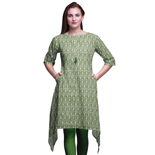 Bimba Vert Ogee Ikat Kurtas pour Femmes Ethnique Imprimé Asymétrique Hauts d'Été pour Femmes XSmall