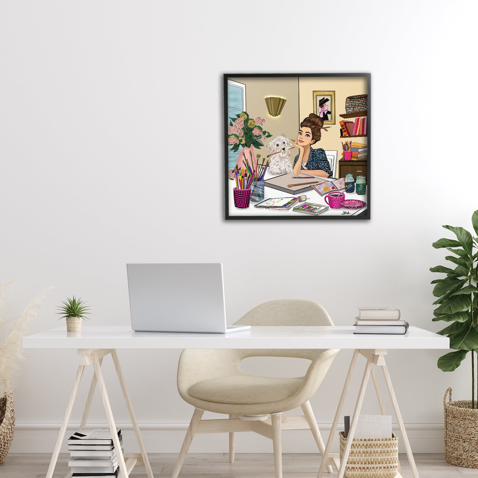 Stupell Industries Creative Art Girl at Desk Black Framed Giclee Art, design by Tara Boone