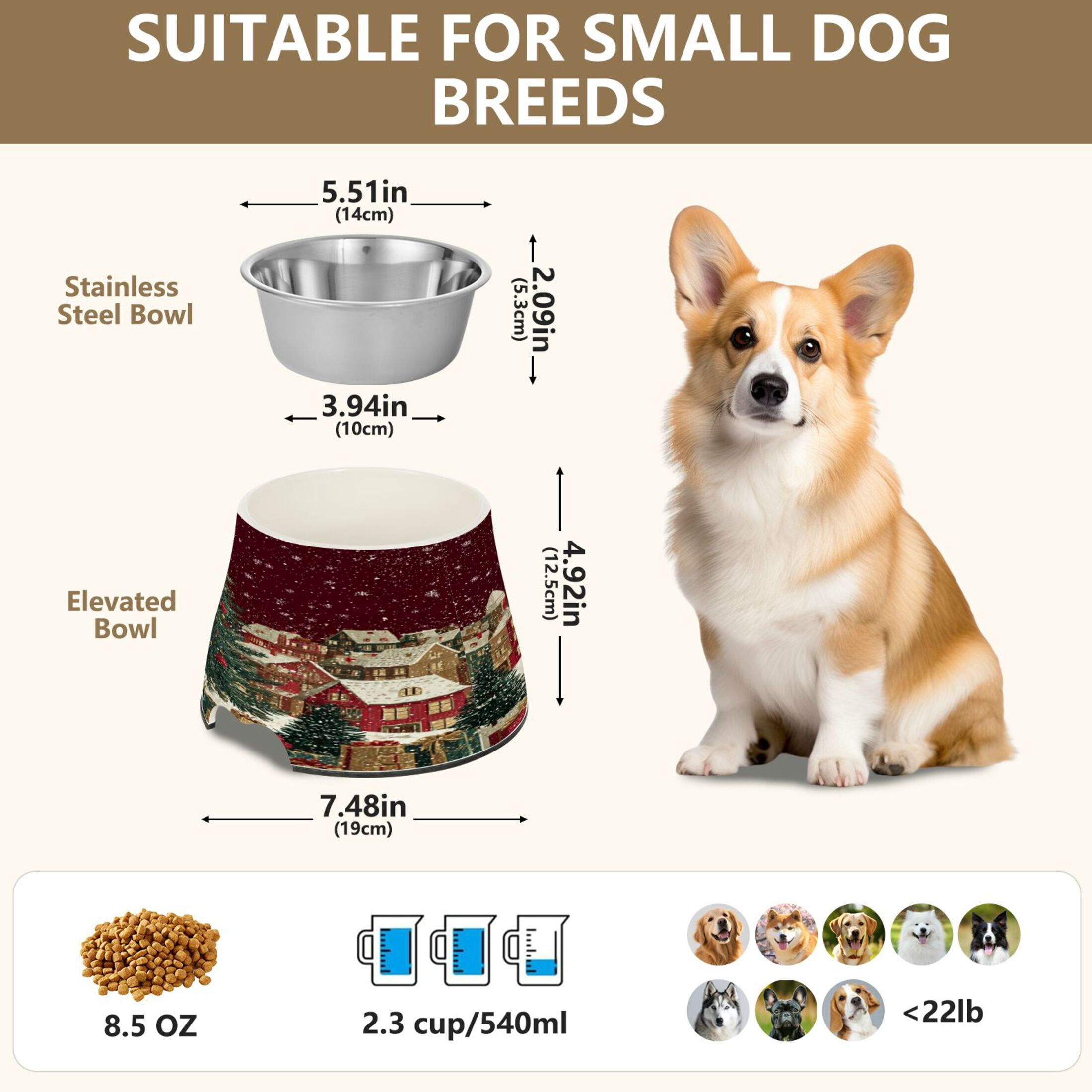 Raised Pet Bowl with Removable Stainless Steel Insert Anti-Slip No-Tip Dog Bowl for Small to Medium Pets Large Christmas Tree