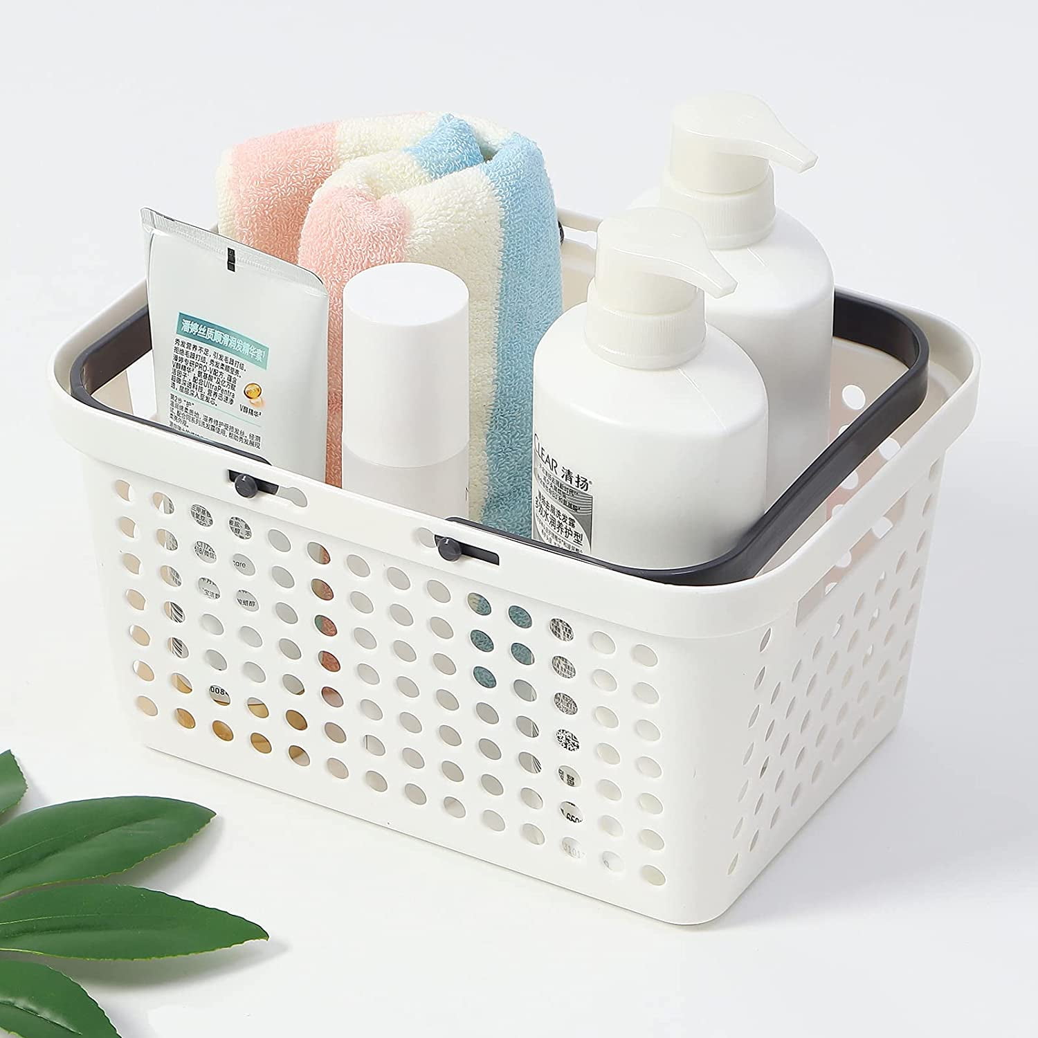 Foeses White Plastic Storage Organizer Basket with Handles, Shower Caddy Tote Portable Storage Bins for Bathroom, Dorm, Kitchen, Bedroom, Size: Small