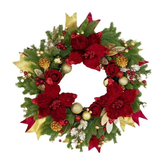 Christmas Wreath for Front Door 24 Inch, Pre-Decorated Xmas Wreath with Red Flowers, Berries, Pine Cones and Ribbon, Large Outdoor Indoor Holiday Decor for Winter and Christmas