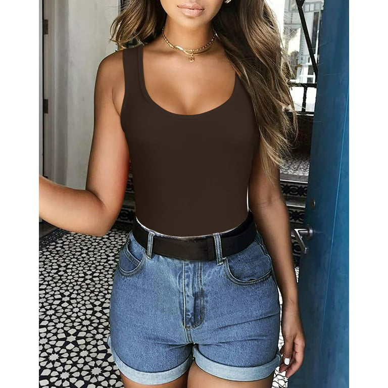 Vafful Bodysuit for Women Summer Tank Tops Scoop Square Neck Sleeveless  Shirts Women's Ribbed Basic Tops Jumpsuits Dark Brown Coffee S-XL 