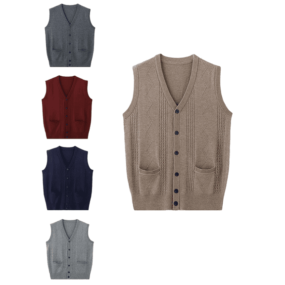 Atkumj Winter Vest Men with Front Pockets Trendy Ribbed V Neck Knit Sweater Vest Casual Sleeveless Solid Color Button Up Vest M