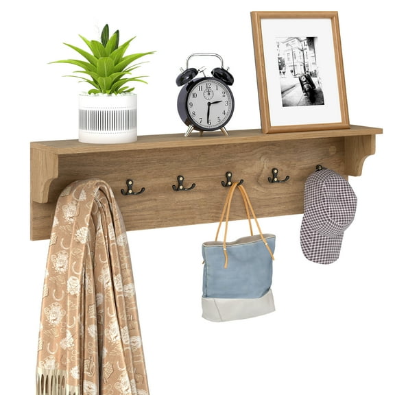 Gymax 31.5'' Wall Hooks w/Shelf 6 Hooks for Hats Towels Purses Robes for Living Room Natural