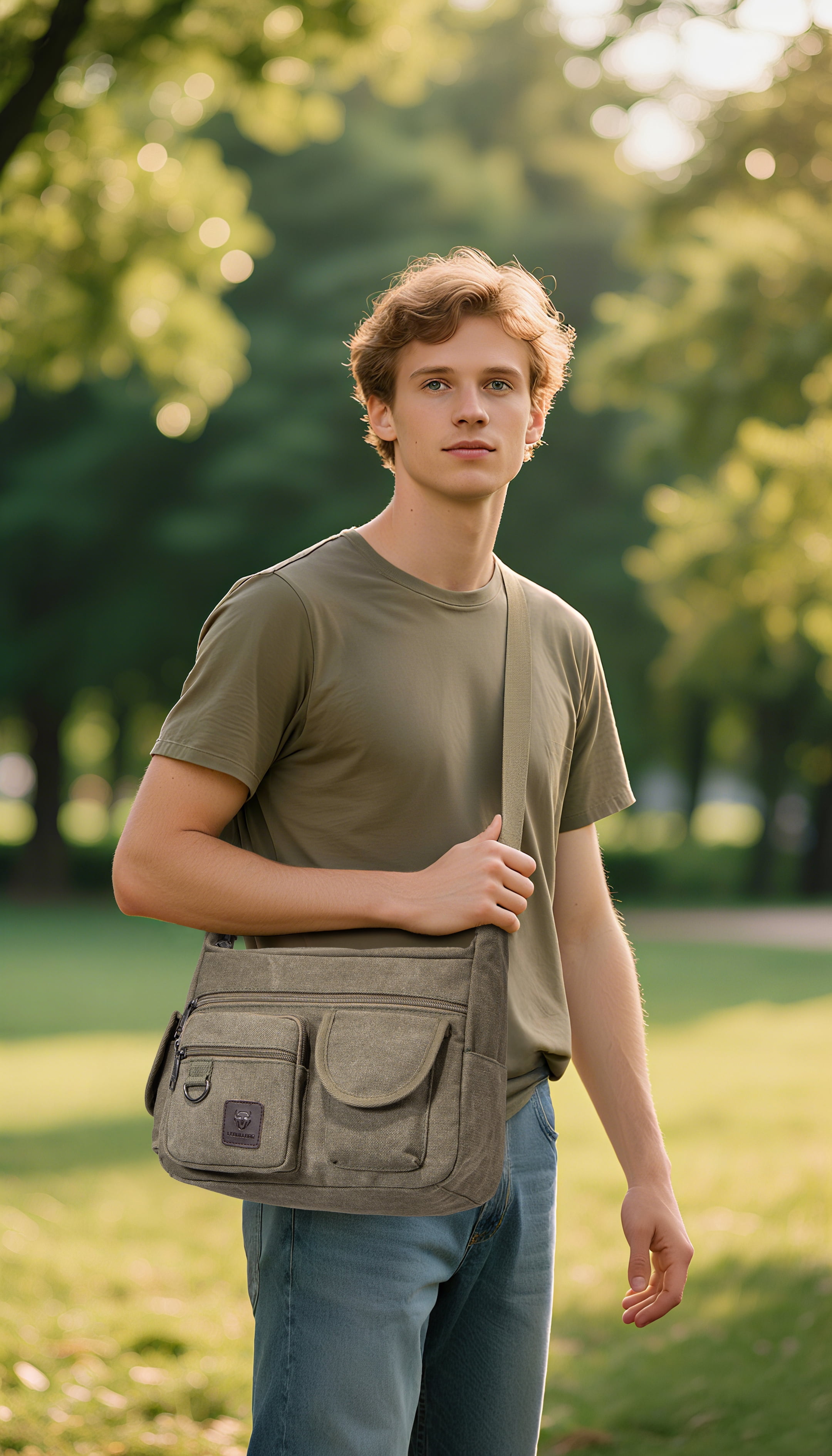 LEBULLBRO Canvas Messenger Bag for Mens Womens Multi-pockets 13 inch Laptop Shoulder Sling Bags School Crossbody Bags Travel Green