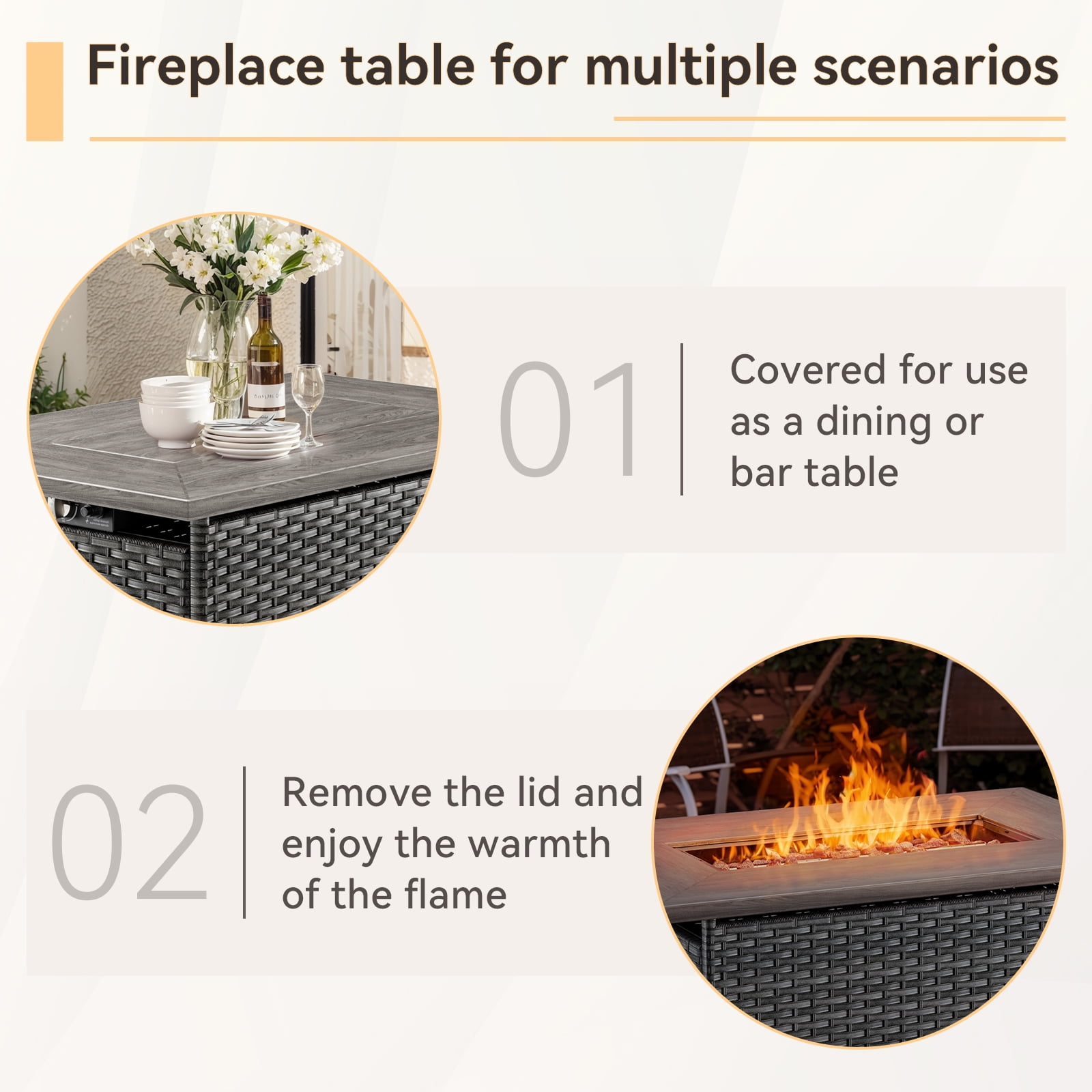 OPOHORO 41" Rectangular Propane Fire Pit 50,000 BTU Outdoor PE Wicker Fire Pit Table with Lid, Gray