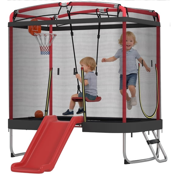 4 x 6FT Trampoline for Kids Indoor & Outdoor with Slide, Swing, Basketball Hoop and Safety Enclosure, Red