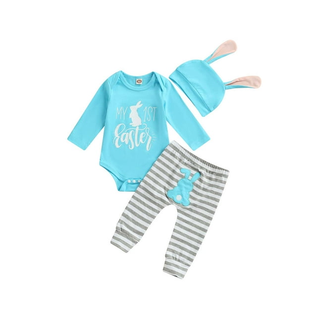 Gupgi 2Pcs Easter Baby Clothes Unisex Long Sleeve Rabbit Romper+Striped Pants+Hat