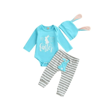 

CenturyX 3PCS Baby Girl Boy My First Easter Outfit Bunny Letters Print Romper +Striped Pants Set+ Rabbit Hat Infant Easter Clothes Sky Blue 3-6 Months