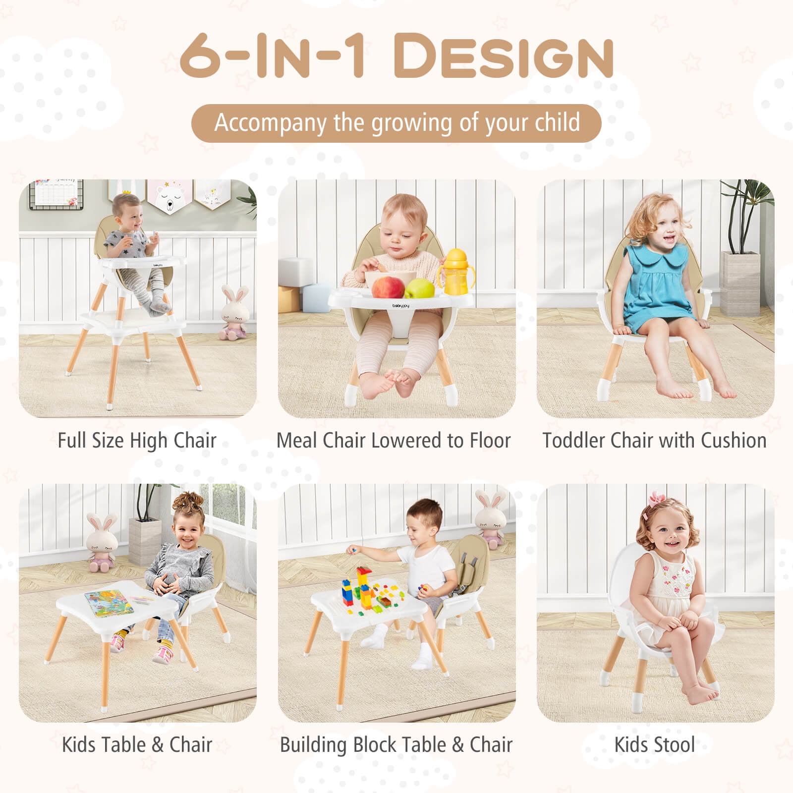 Costway 6-in-1 High Chair for Babies & Toddlers with Building Block Table Beige