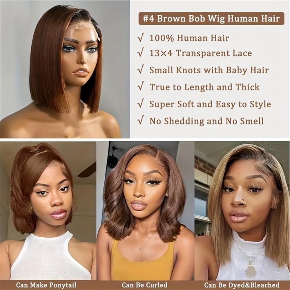 Short Bob Wigs Human Hair 13x4 Lace Wigs 180% Density 4# Straight Transparent Lace Frontal Wig