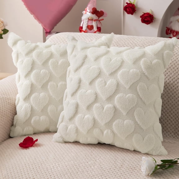 DFXSZ Valentines Pillow Covers 18x18 inch Set of Valentines Day Decoration Cream White Heart Soft Plush Faux Fur Jacquard Throw Pillows for Bedroom Sofa Holiday Festivals Home Decor PTK017C18 C113