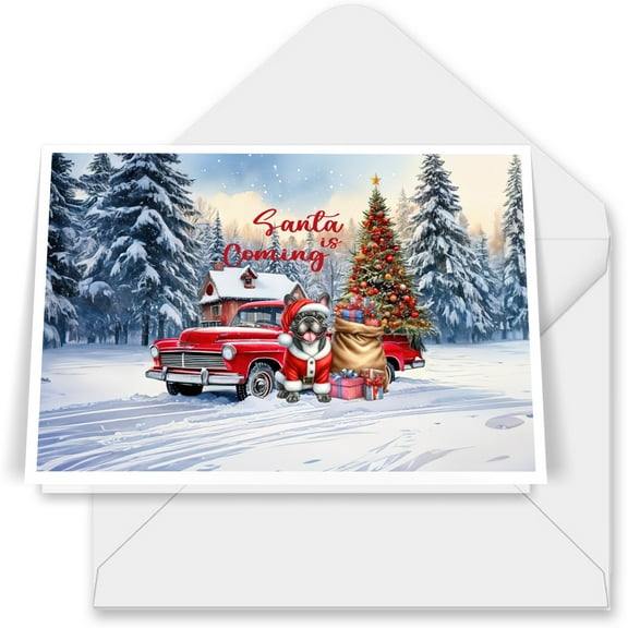 Santa is Coming French Bulldog Merry Christmas Xmas Noel Truck Tree 7x5in Folded Greeting Card Dog Lover Gifts Single Note Card with Envelope - 02023