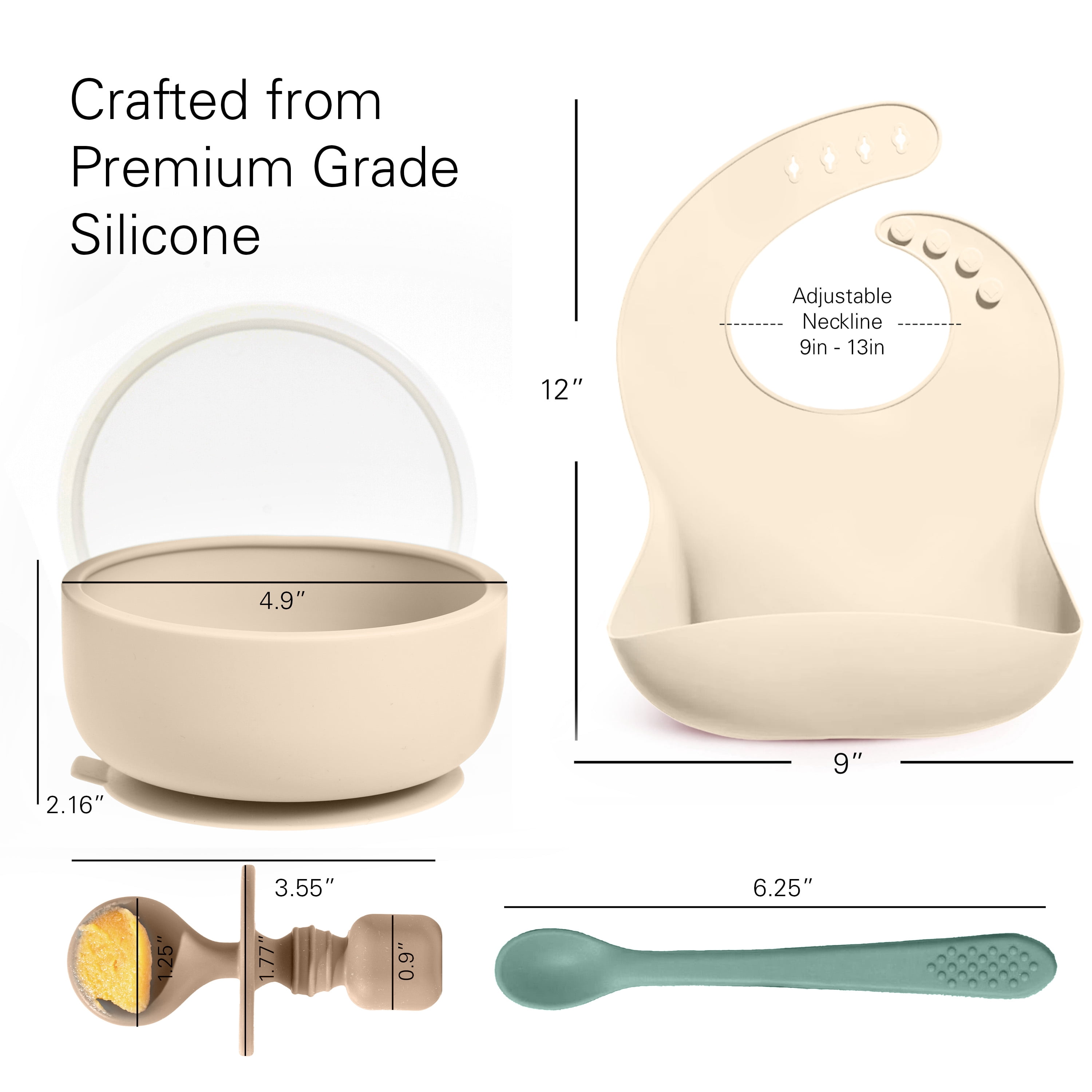 Baby Feeding Set, Silicone Bib, Bowl & Spoons for Self-Feeding First Stage Baby Essentials – Gum Friendly, BPA-Free, Easy to Clean & Safe for Babies, Tan