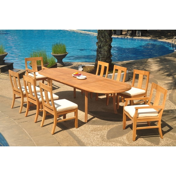 Grade-A Teak Dining Set: 8 Seater 9 Pc: 118" Double Extension Oval Table And 8 Osborne Chairs (2 Arm & 6 Armless Chairs) WholesaleTeak #WMDSWVm