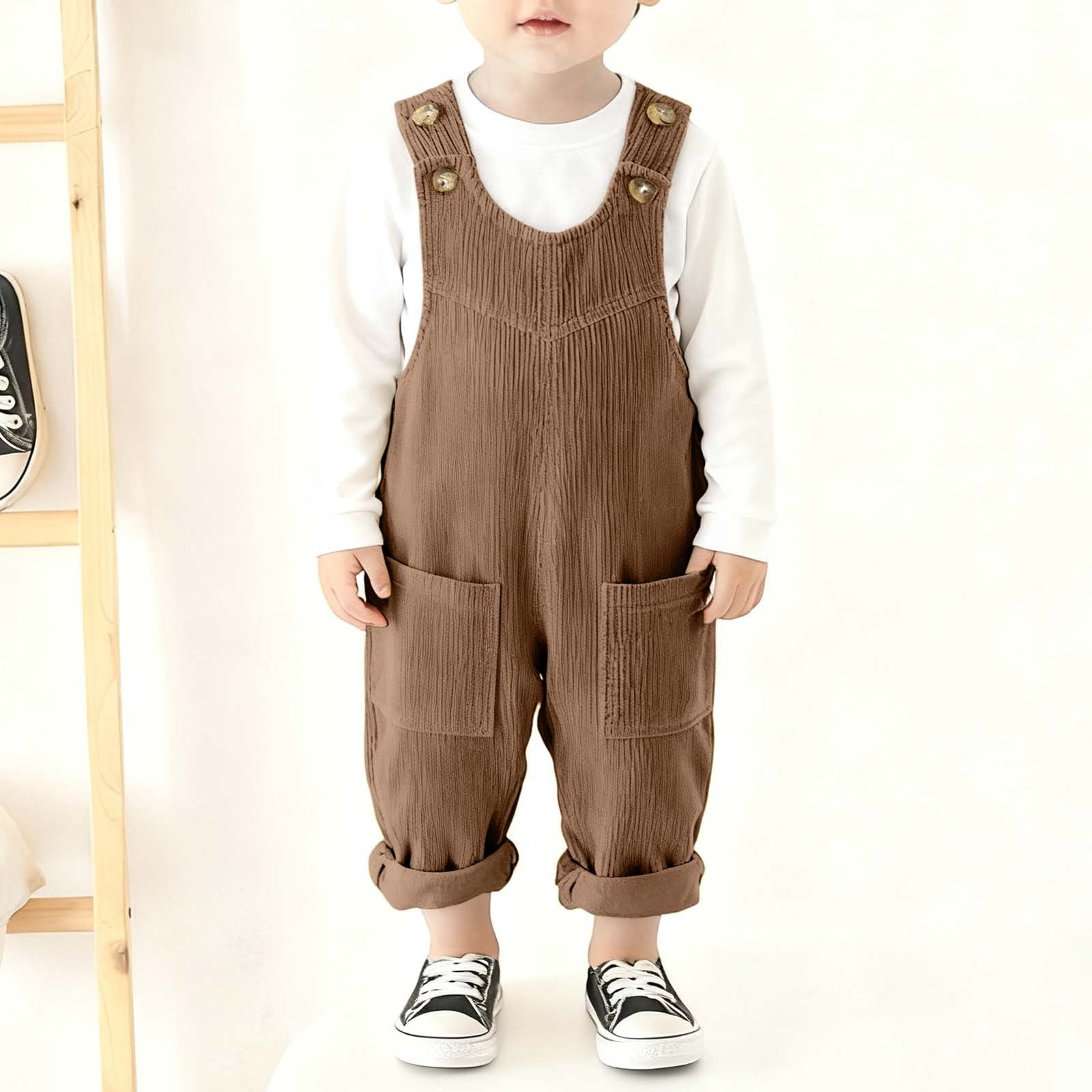 Ulitacool Boys Romper 18-24 Months Round Neck Corduroy Onesies Overall With Adjustable Straps And Convenient Snap Closure Sleeveless Jumpsuit Durable Clothing Coffee