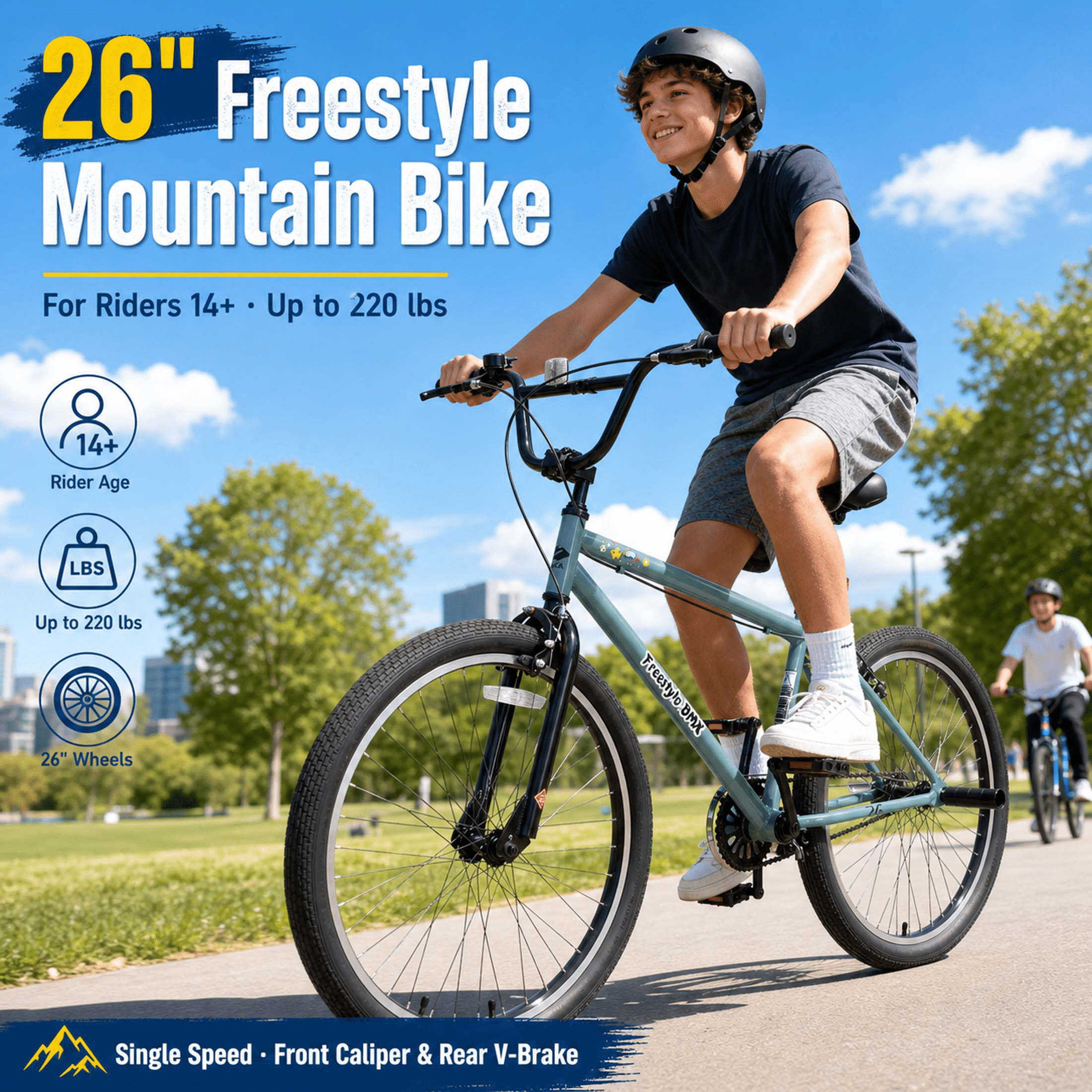 26 Inch Freestyle Bike for Teens and Adults, Single-Speed BMX Style Bicycle with 2 Pegs and High-Performance 2.35" Tires, Carbon Steel Frame Mountain Bike for Boys and Girls Ages 14+, Blue