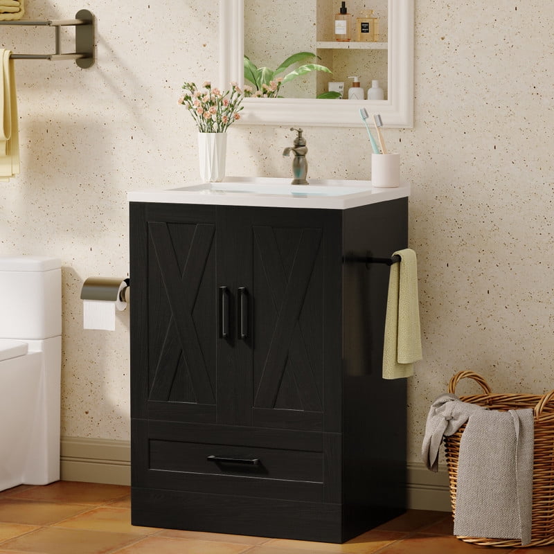 Lumihaven 24" Bathroom Vanity with Resin Sink, Freestanding Wood Vanity Cabinet with 2 Doors & 1 Drawer, Undermount Sink Storage Cabinet, Black