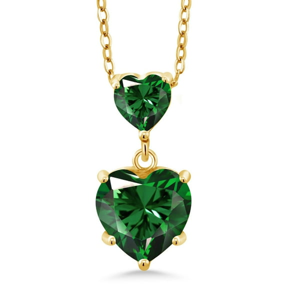 Gem Stone King 18K Yellow Gold Plated Silver Simulated Green Nano Emerald Double Heart Pendant Necklace for Women (1.30 Cttw, Heart 8MM and 5MM, with 18 inch Silver Chain)