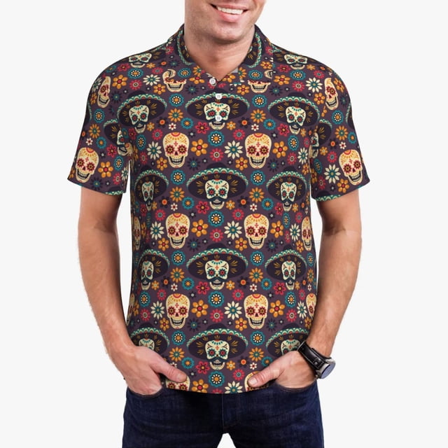 Balery Skulls and Flowers Camisa Polo de Hombre con Estampado, de Manga Corta y Tejido Medio, Camisa Tipo Golf Polo-X-Large