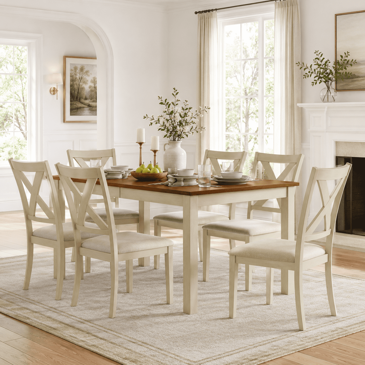 Merluxy 7-Piece Solid Wood Dining Table Set, 60" Farmhouse Dining Table with 6 Chairs, Dining Table Set for 6, Kitchen & Dining Room, Rustic Cream
